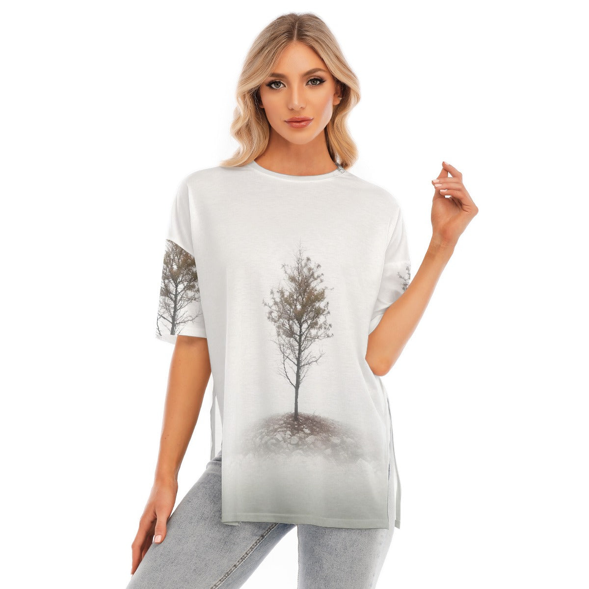 All-Over Print Women's Short Sleeves T-shirt With Hem Split