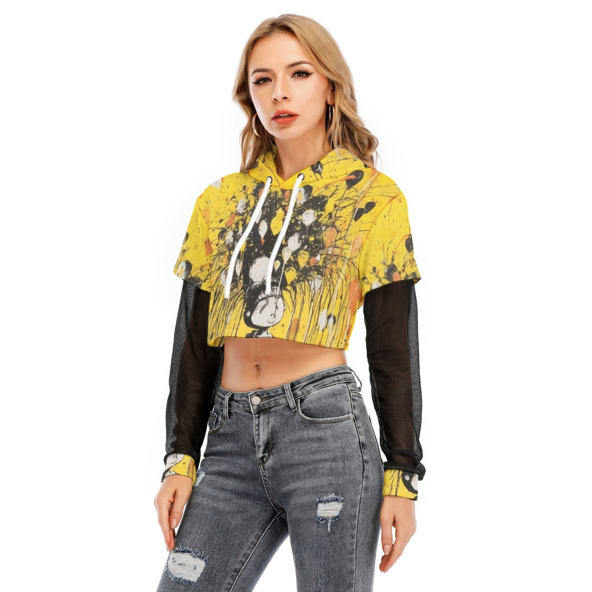 All-Over Print Women's Fake Two-piece Mesh Sleeve Cropped Hoodie