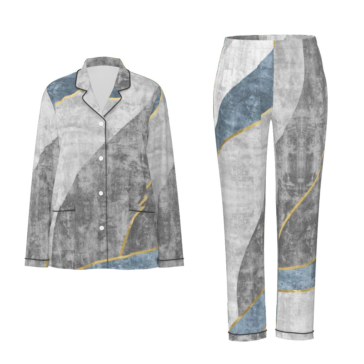 All-Over Print Women's Long Sleeve Pajama Set With Black Contrast Piping