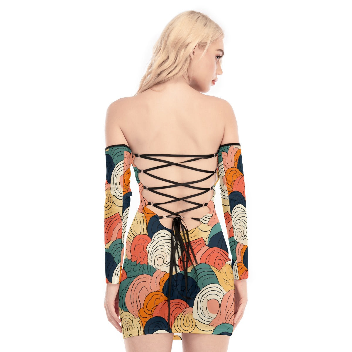 All-Over Print Women's Off-shoulder Back Lace-up Dress