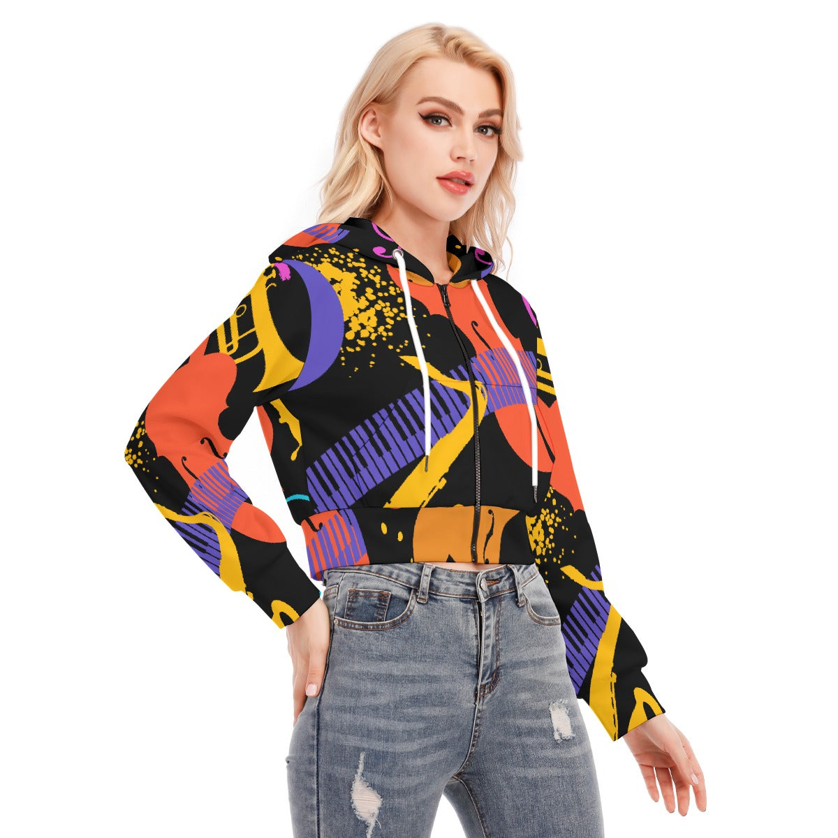 All-Over Print Women's Crop Top Hoodie With Zipper Closure