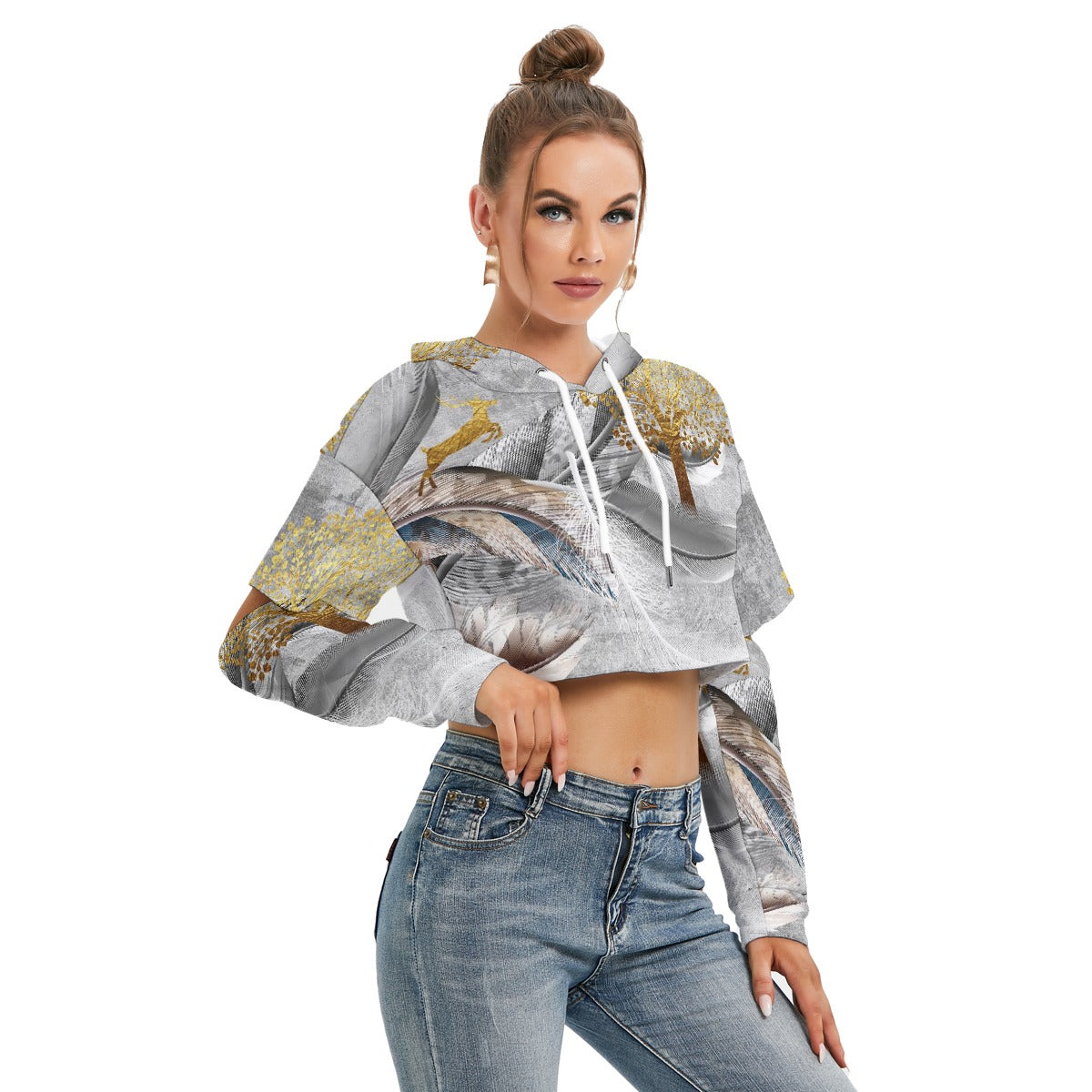 All-Over Print Women's Heavy Fleece Hoodie With Hollow Out Sleeve