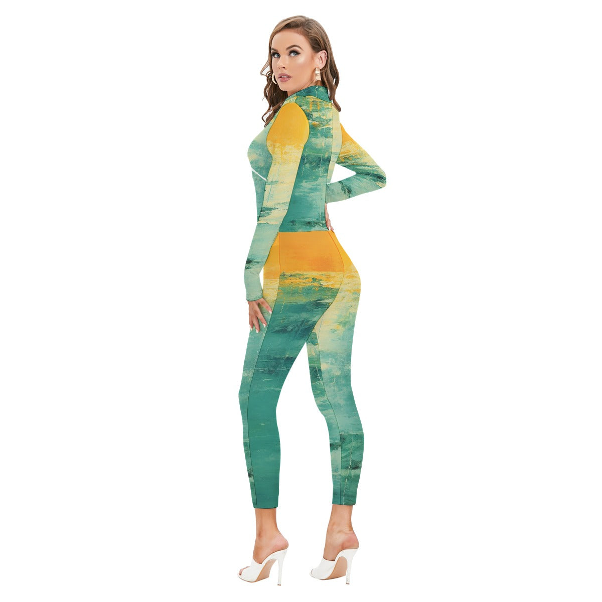 All-Over Print Women's Long-sleeved High-neck Jumpsuit With Zipper