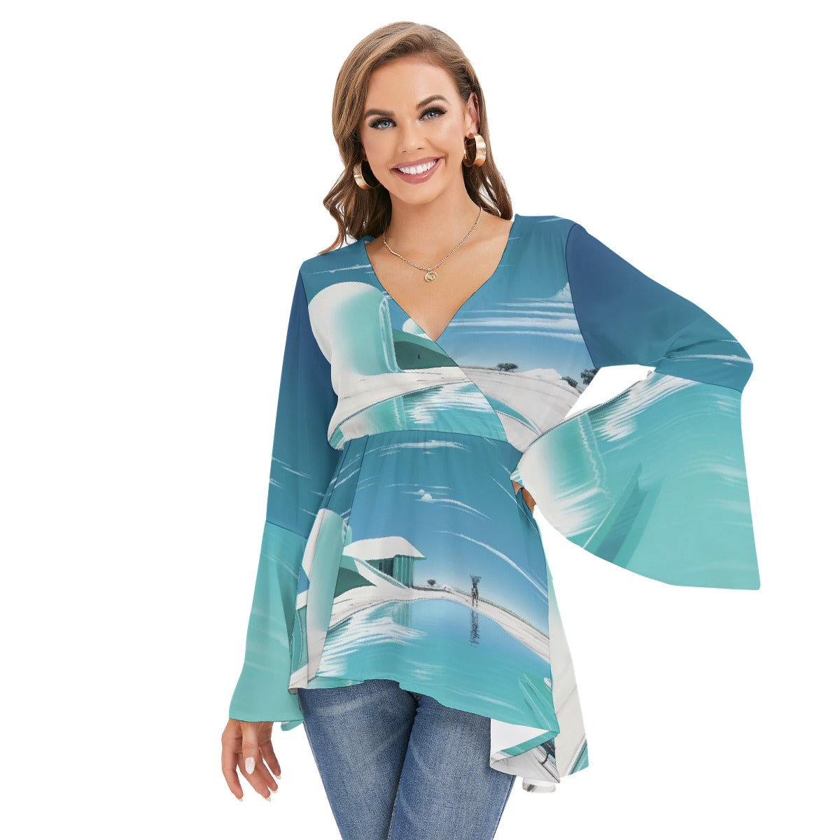 All-Over Print Women's V-neck Blouse With Flared Sleeves