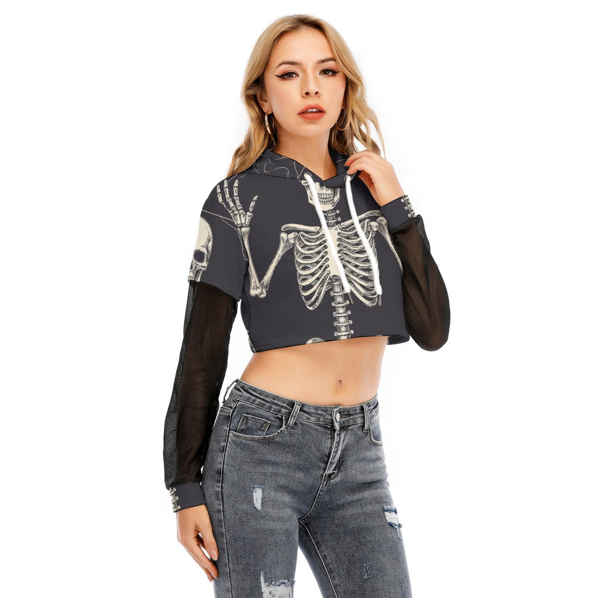 All-Over Print Women's Fake Two-piece Mesh Sleeve Cropped Hoodie