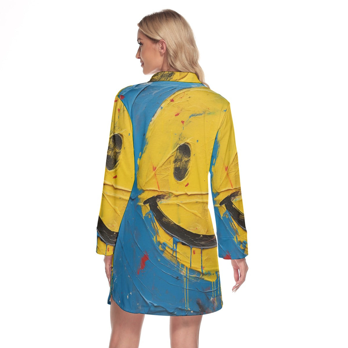 All-Over Print Women's Lapel Shirt Dress With Long Sleeve