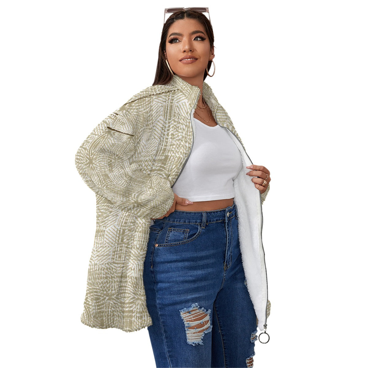 All-Over Print Unisex Borg Fleece Stand-up Collar Coat With Zipper Closure(Plus Size)