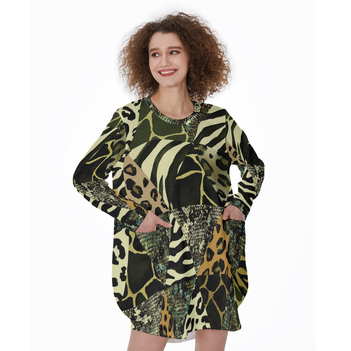 All-Over Print Women's Casual Loose Long Sleeve Dress With Pocket