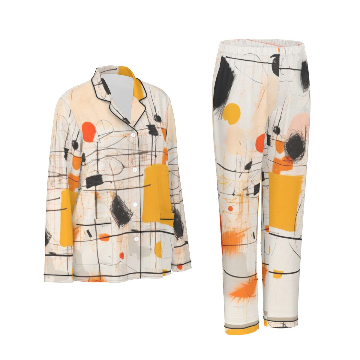 All-Over Print Women's Long Sleeve Pajama Set With Black Contrast Piping