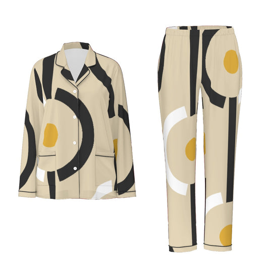 All-Over Print Women's Long Sleeve Pajama Set With Black Contrast Piping