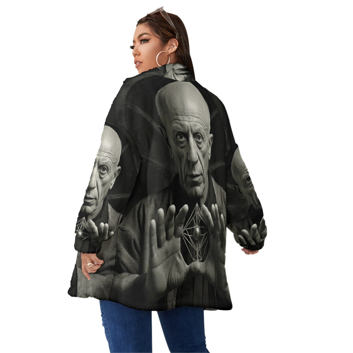 All-Over Print Unisex Borg Fleece Stand-up Collar Coat With Zipper Closure(Plus Size)