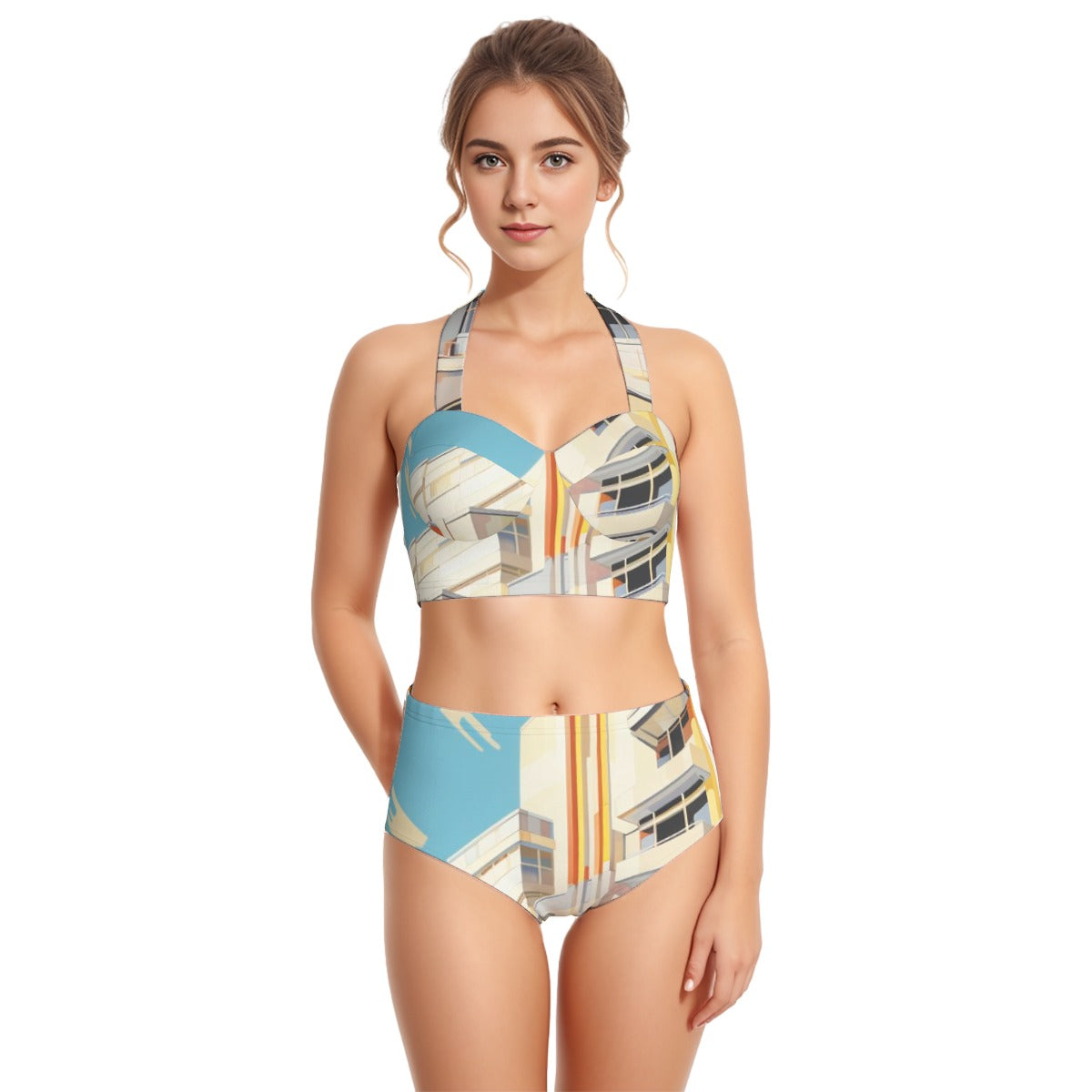 All-Over Print Women's Swimsuit Set With Halter