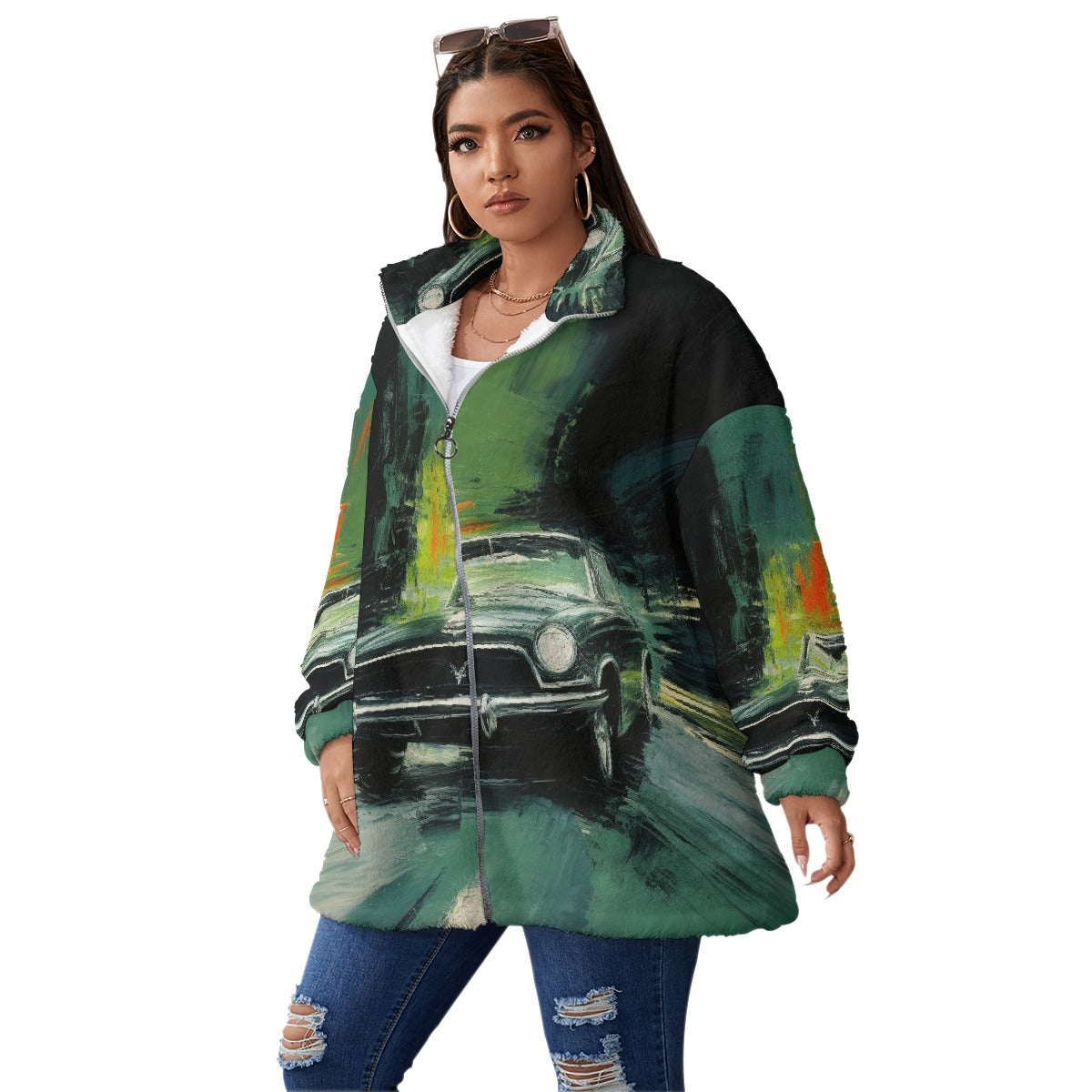 All-Over Print Unisex Borg Fleece Stand-up Collar Coat With Zipper Closure(Plus Size)