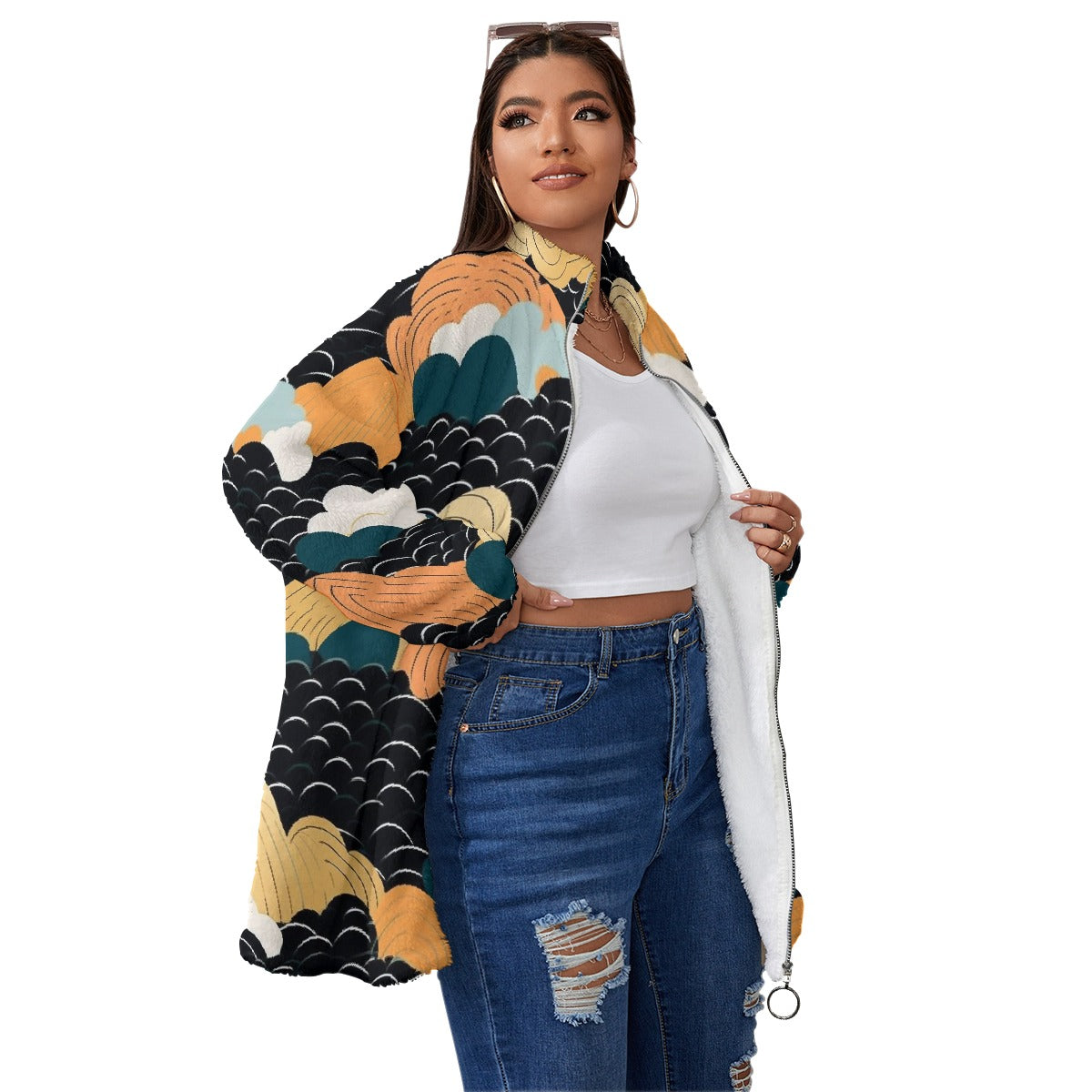 All-Over Print Unisex Borg Fleece Stand-up Collar Coat With Zipper Closure(Plus Size)