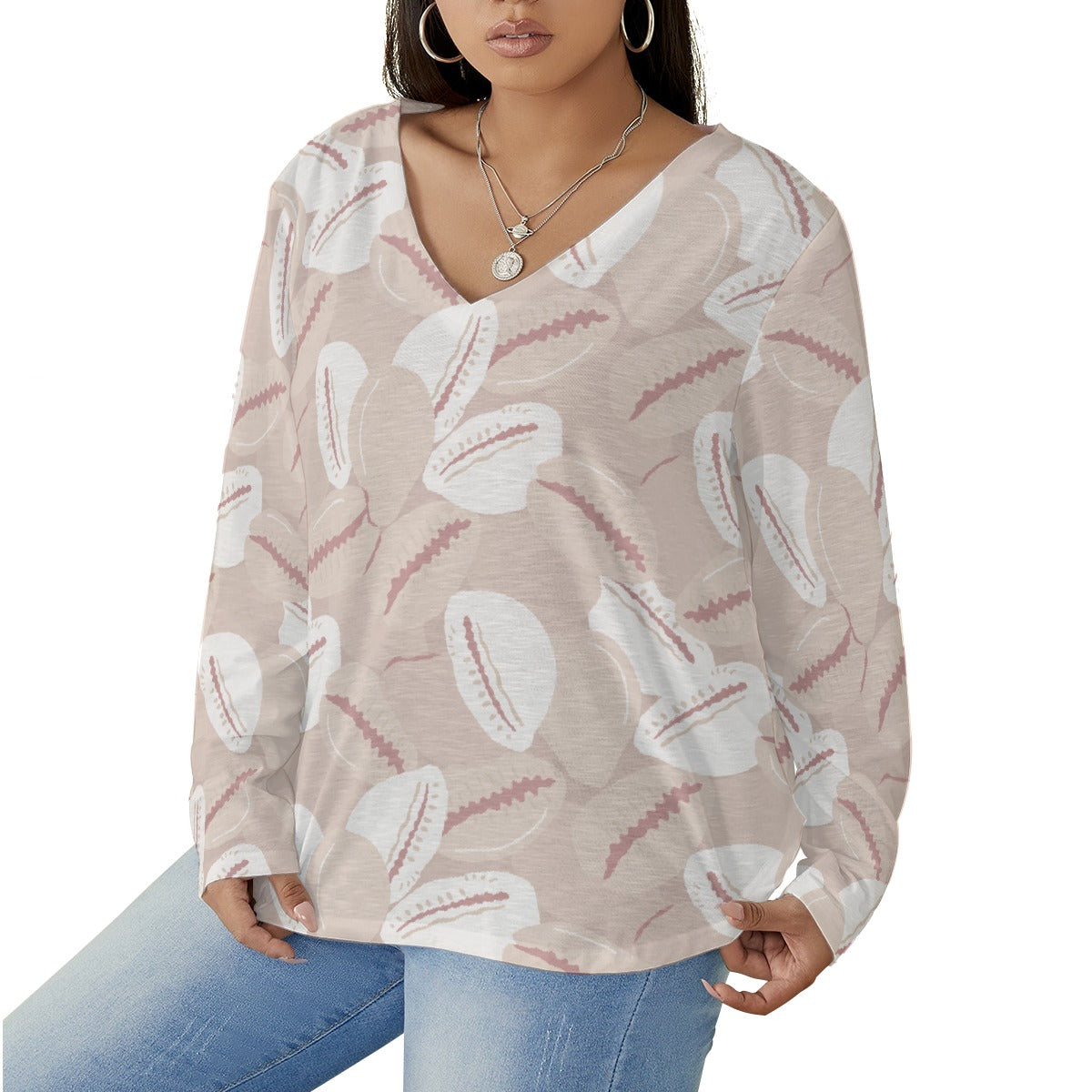 All-Over Print Women's V-neck T-shirt With Curved Hem(Plus Size)