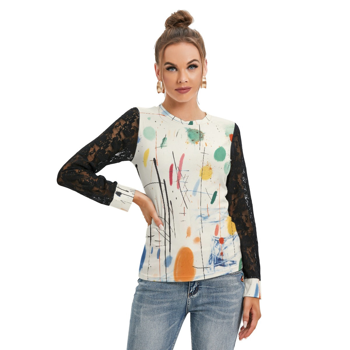 All-Over Print Women's T-shirt And Sleeve With Black Lace