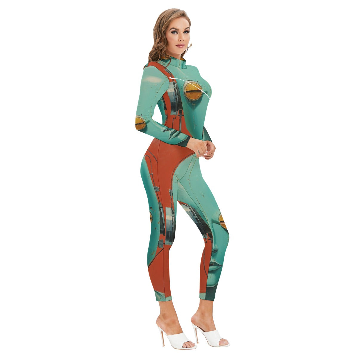 All-Over Print Women's Long-sleeved High-neck Jumpsuit With Zipper