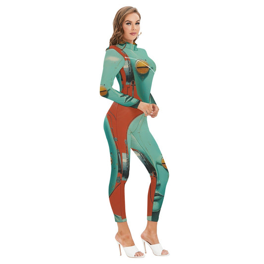 All-Over Print Women's Long-sleeved High-neck Jumpsuit With Zipper