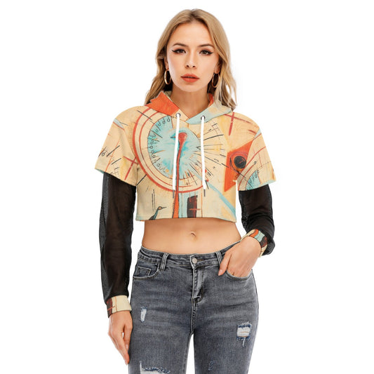 All-Over Print Women's Fake Two-piece Mesh Sleeve Cropped Hoodie