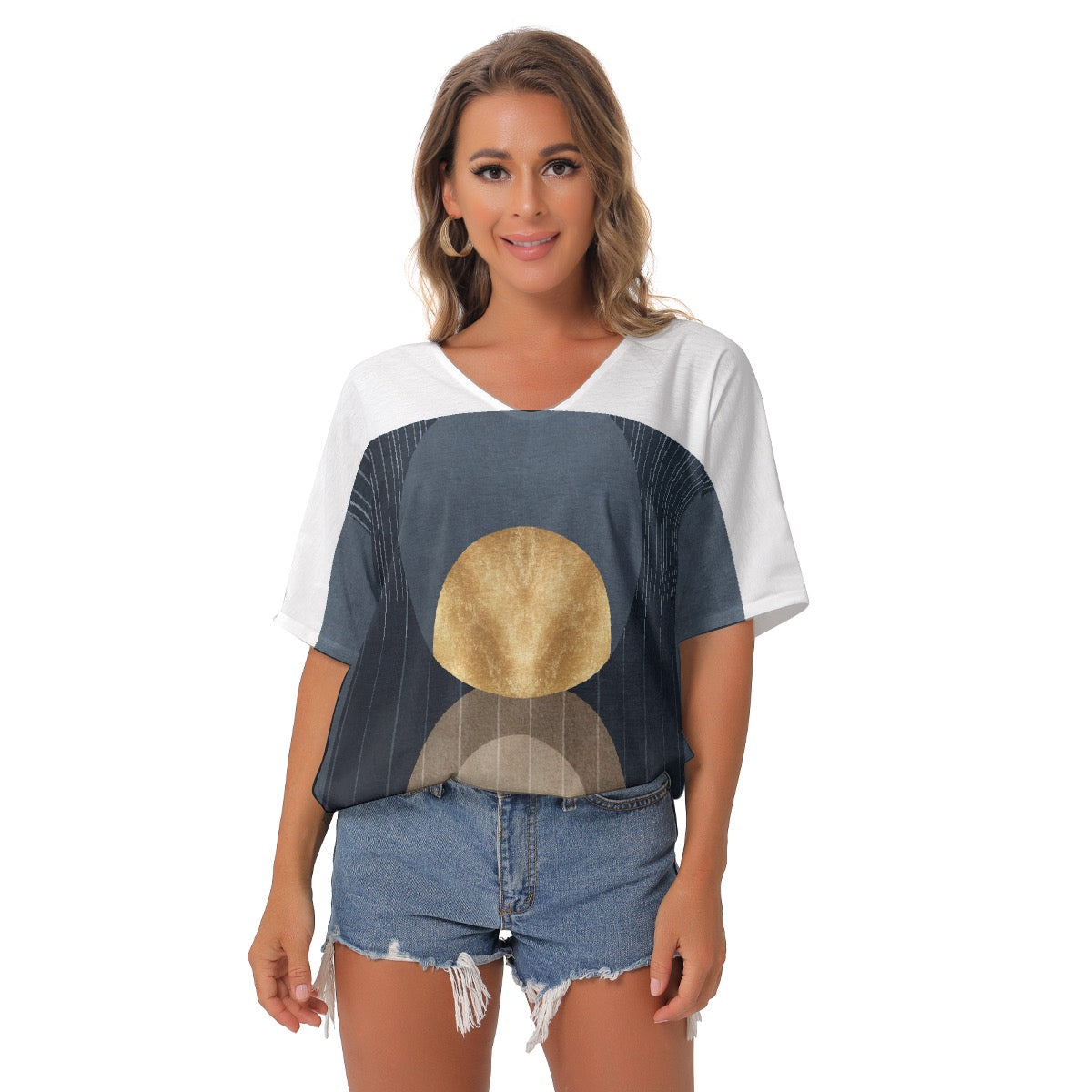 All-Over Print Women's Bat Sleeves V-Neck Blouse