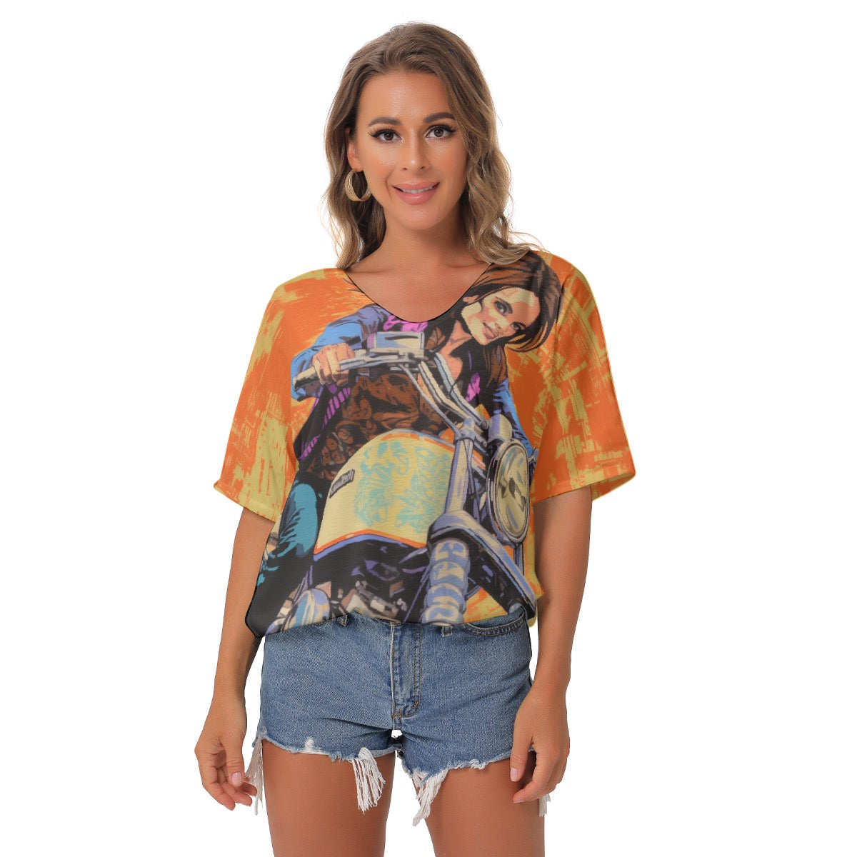 All-Over Print Women's Bat Sleeves V-Neck Blouse