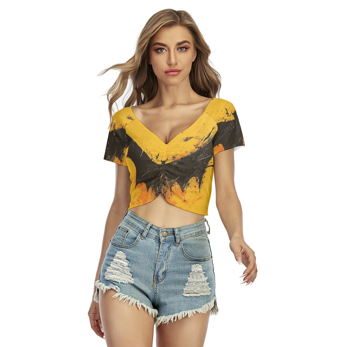 All-Over Print Women's Raglan Drawstring Front  Crop Tee