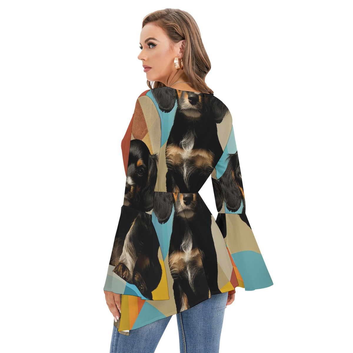 All-Over Print Women's V-neck Blouse With Flared Sleeves