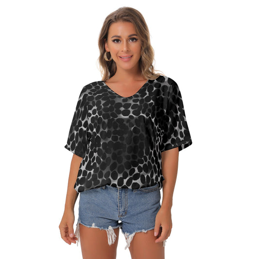 All-Over Print Women's Bat Sleeves V-Neck Blouse
