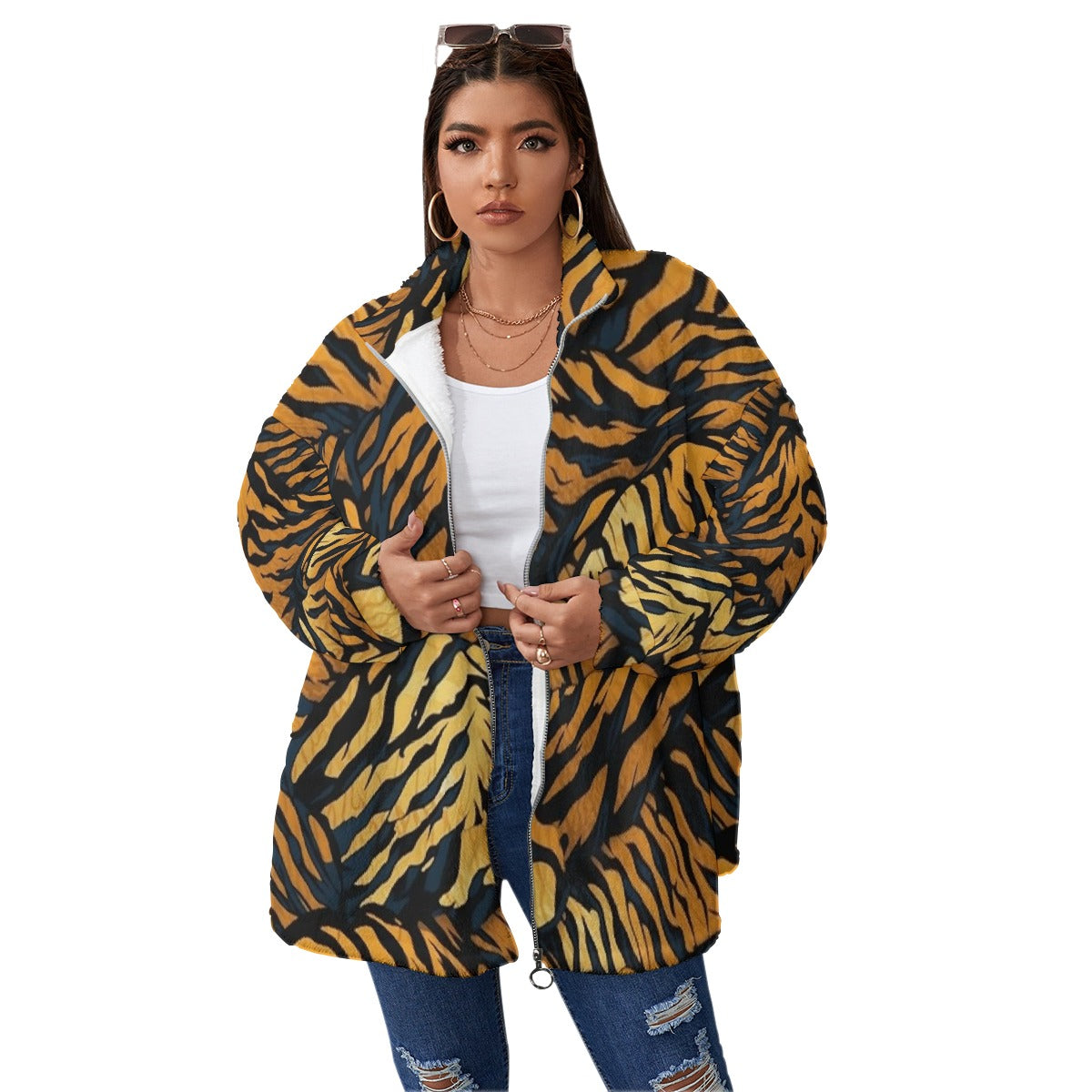 All-Over Print Unisex Borg Fleece Stand-up Collar Coat With Zipper Closure(Plus Size)