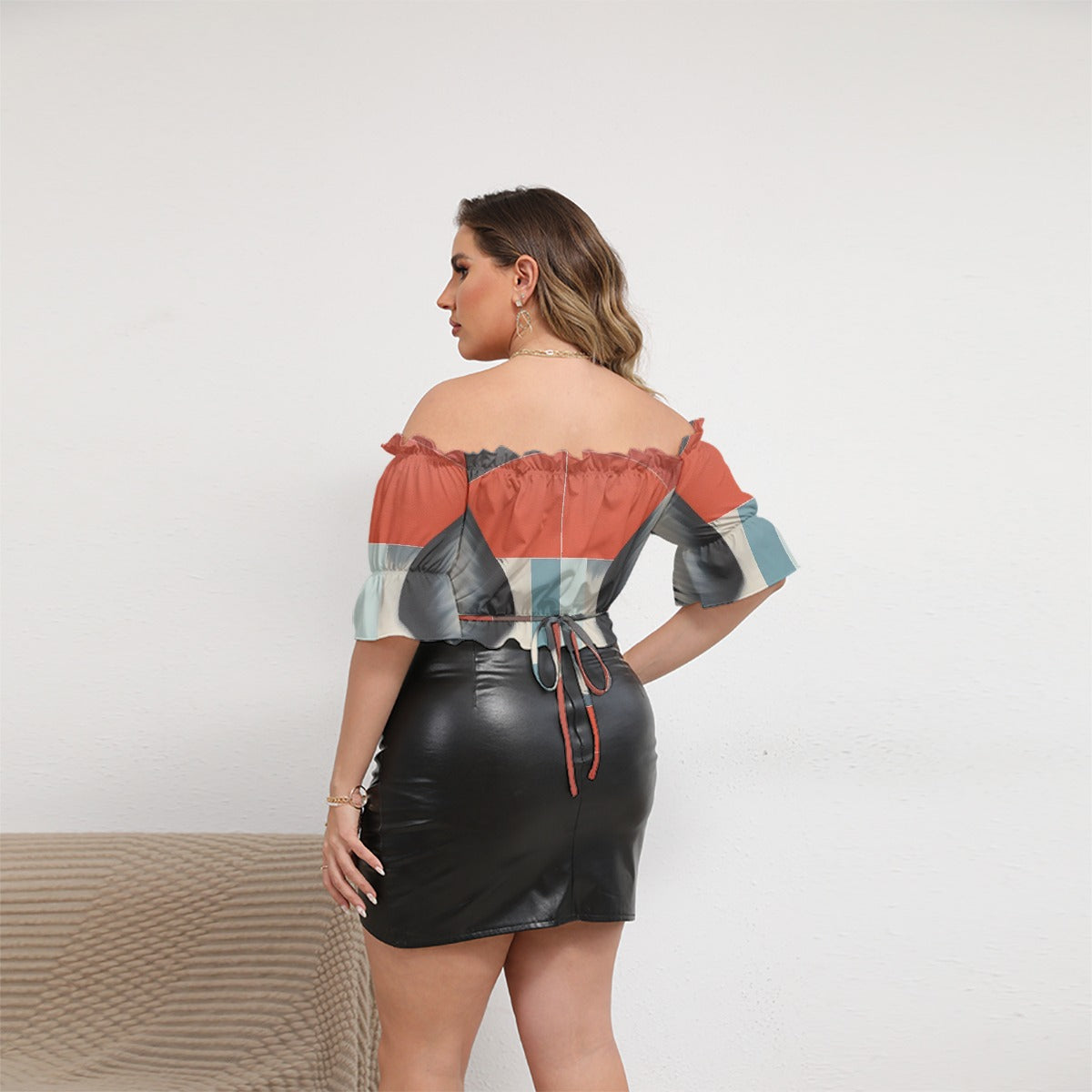 All-Over Print Women's Off-shoulder Cropped Top With Short Puff Sleeve