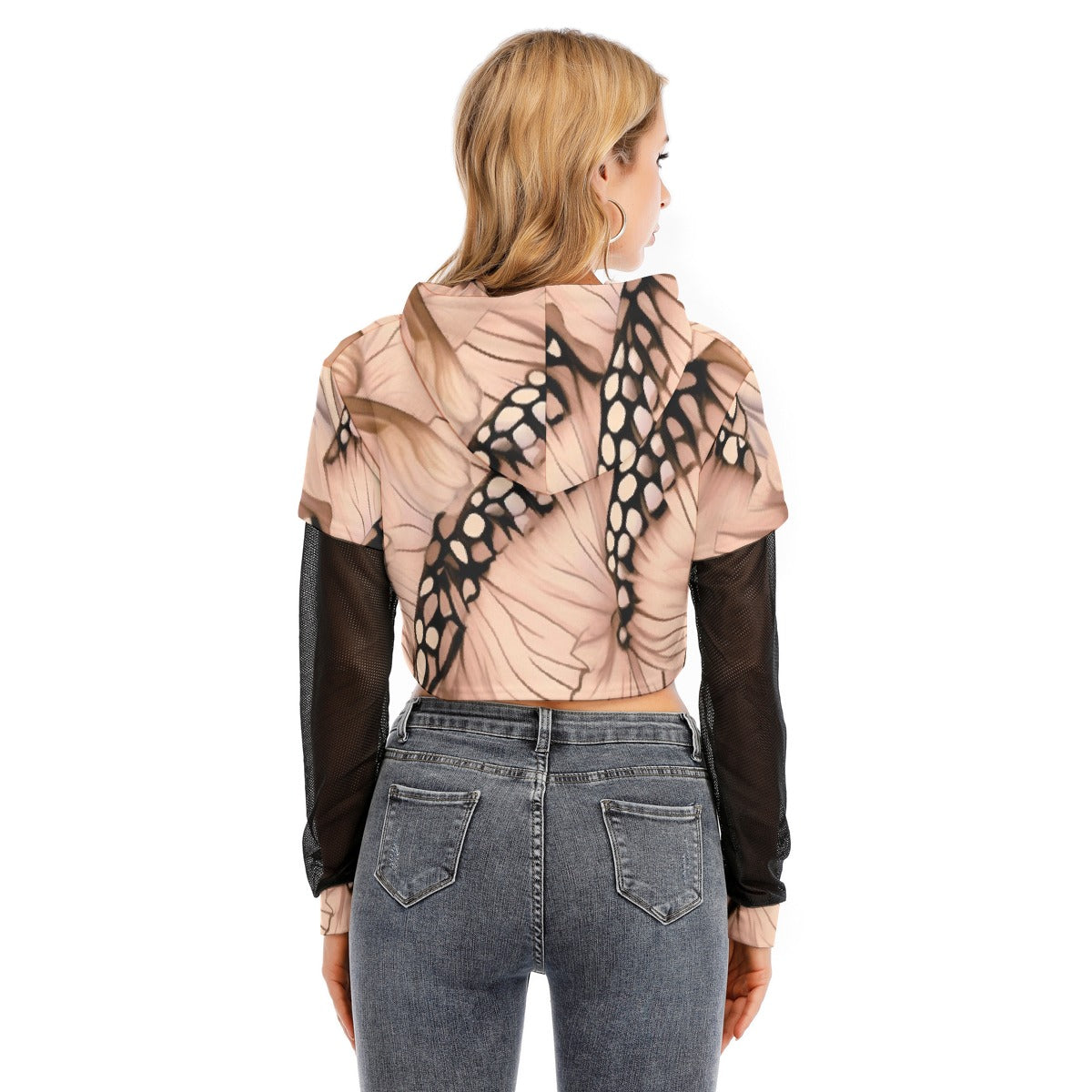 All-Over Print Women's Fake Two-piece Mesh Sleeve Cropped Hoodie