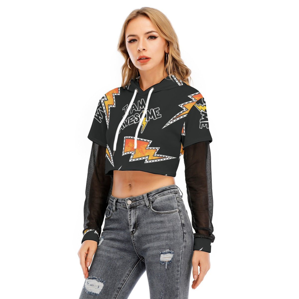 All-Over Print Women's Fake Two-piece Mesh Sleeve Cropped Hoodie