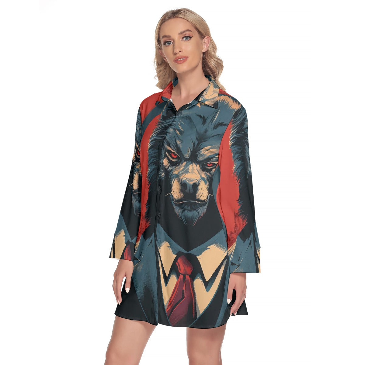 All-Over Print Women's Lapel Shirt Dress With Long Sleeve
