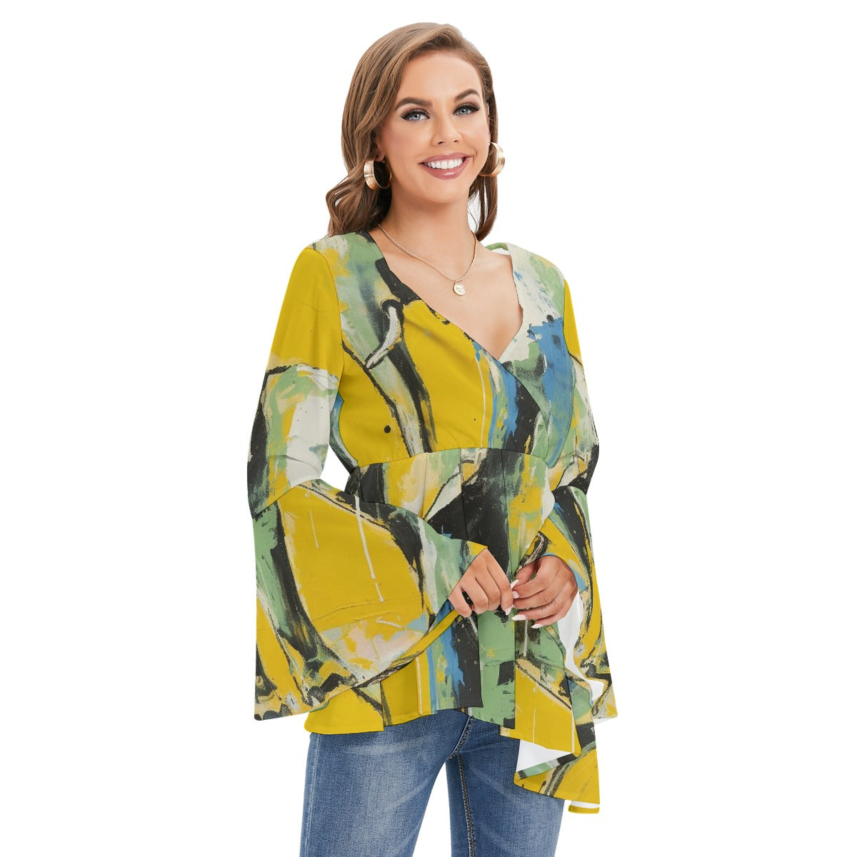 All-Over Print Women's V-neck Blouse With Flared Sleeves