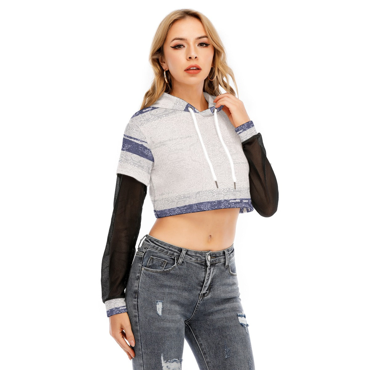 All-Over Print Women's Fake Two-piece Mesh Sleeve Cropped Hoodie
