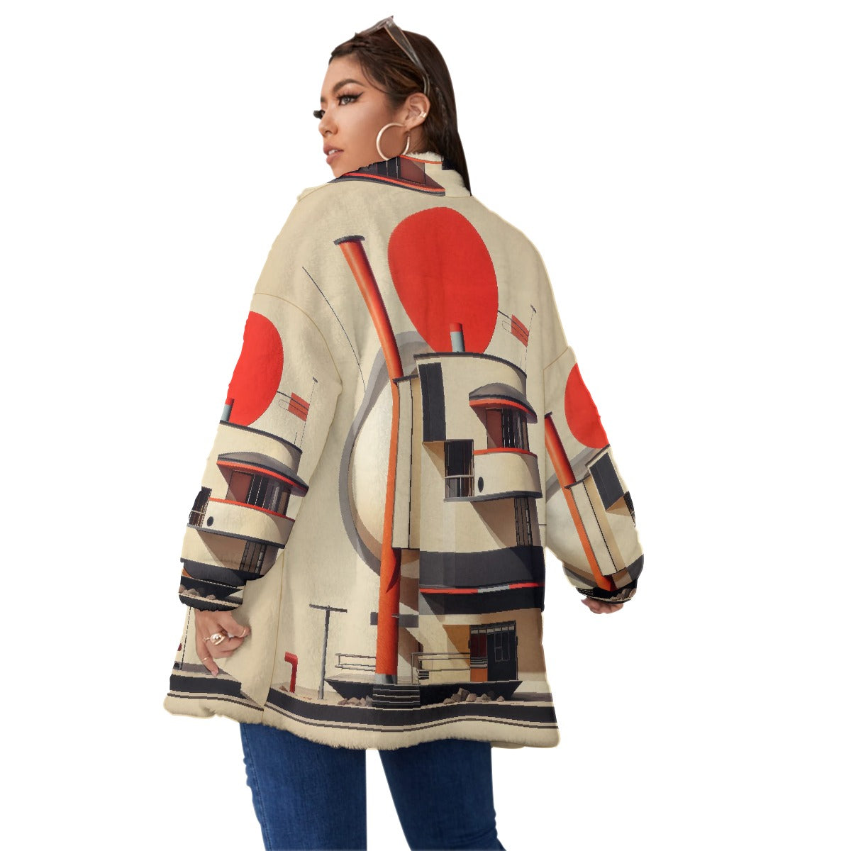 All-Over Print Unisex Borg Fleece Stand-up Collar Coat With Zipper Closure(Plus Size)