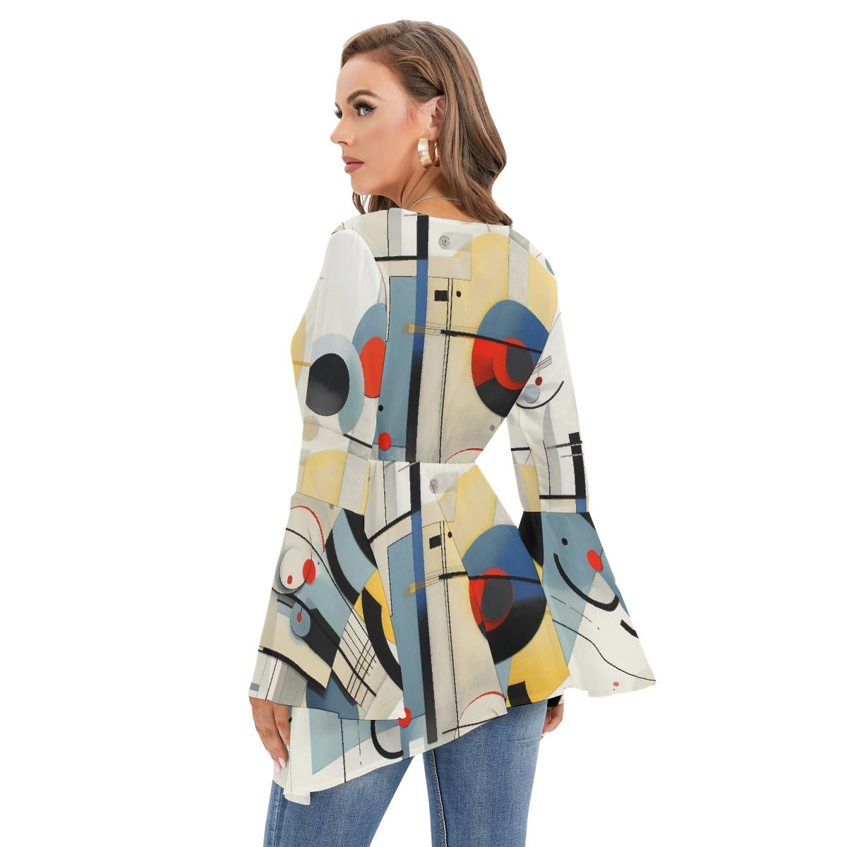 All-Over Print Women's V-neck Blouse With Flared Sleeves