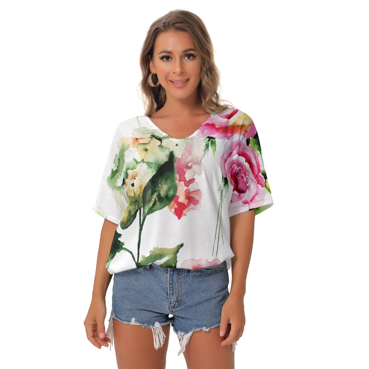 All-Over Print Women's Bat Sleeves V-Neck Blouse