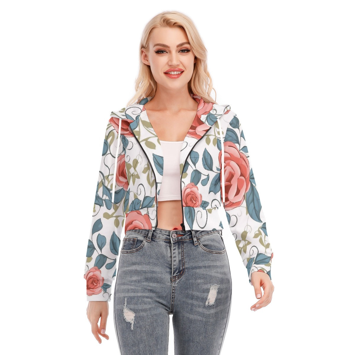 All-Over Print Women's Crop Top Hoodie With Zipper Closure