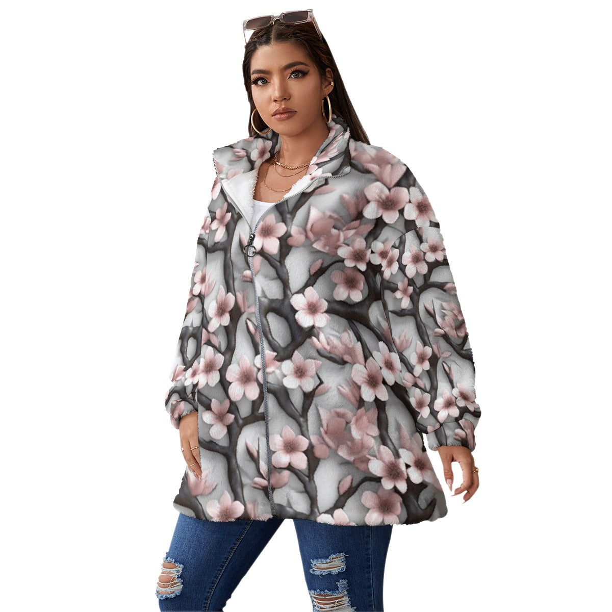 All-Over Print Unisex Borg Fleece Stand-up Collar Coat With Zipper Closure(Plus Size)