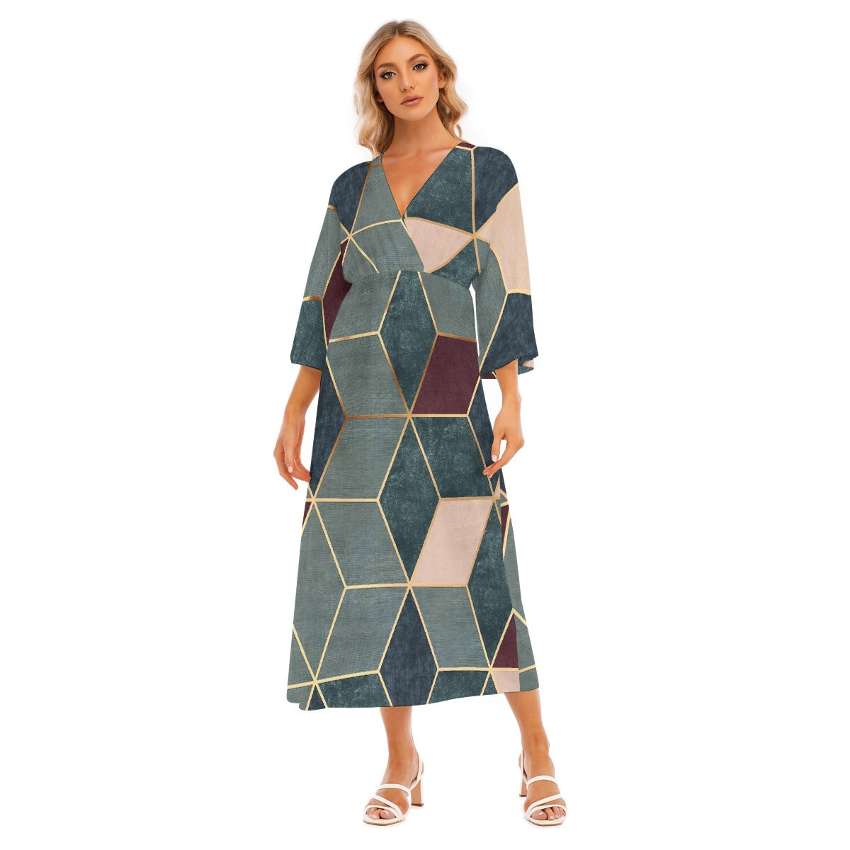 All-Over Print Women's Mid-Sleeve Long Dress