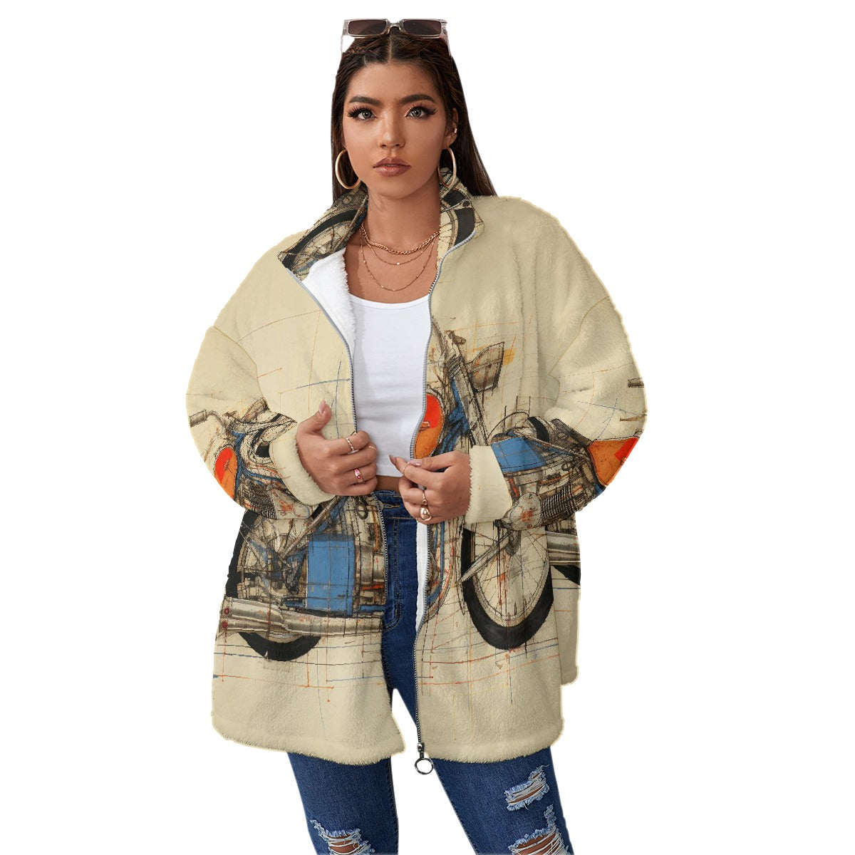 All-Over Print Unisex Borg Fleece Stand-up Collar Coat With Zipper Closure(Plus Size)