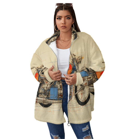 All-Over Print Unisex Borg Fleece Stand-up Collar Coat With Zipper Closure(Plus Size)