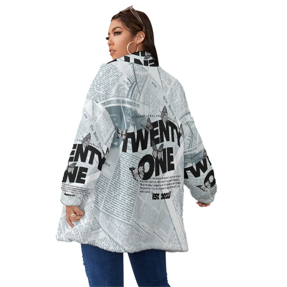 All-Over Print Unisex Borg Fleece Stand-up Collar Coat With Zipper Closure(Plus Size)