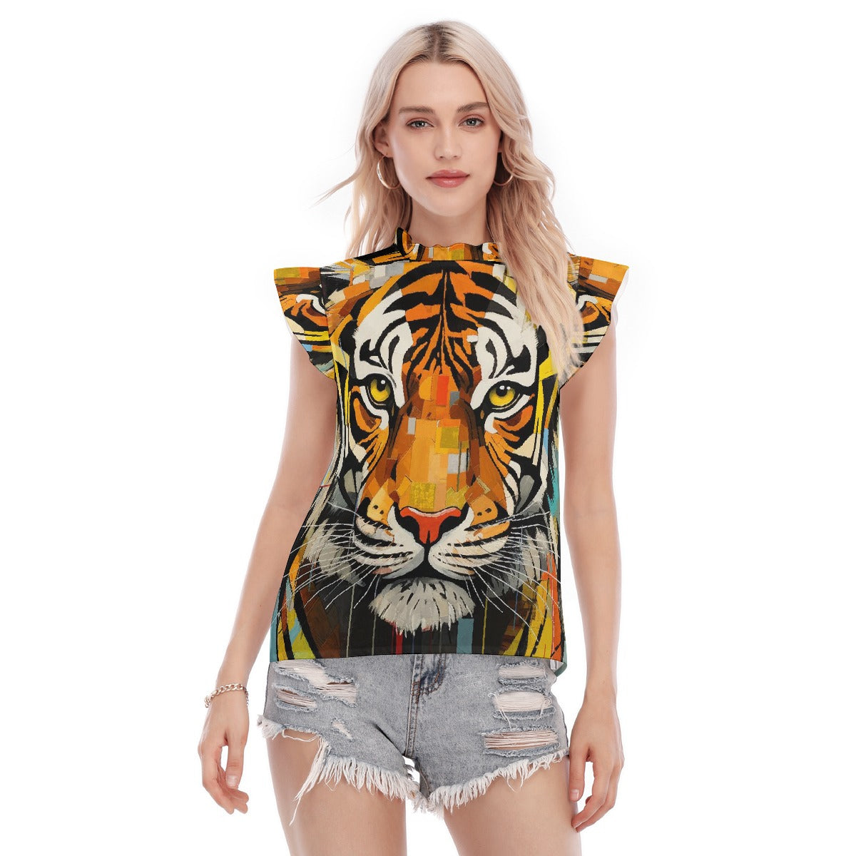 All-Over Print Women's Blouse With Ruffle Collar And Sleeve