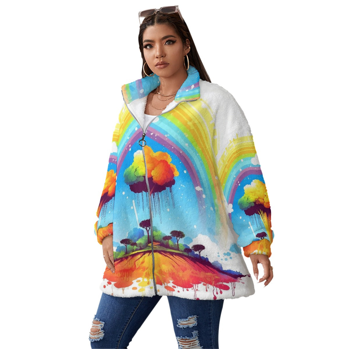 All-Over Print Unisex Borg Fleece Stand-up Collar Coat With Zipper Closure(Plus Size)
