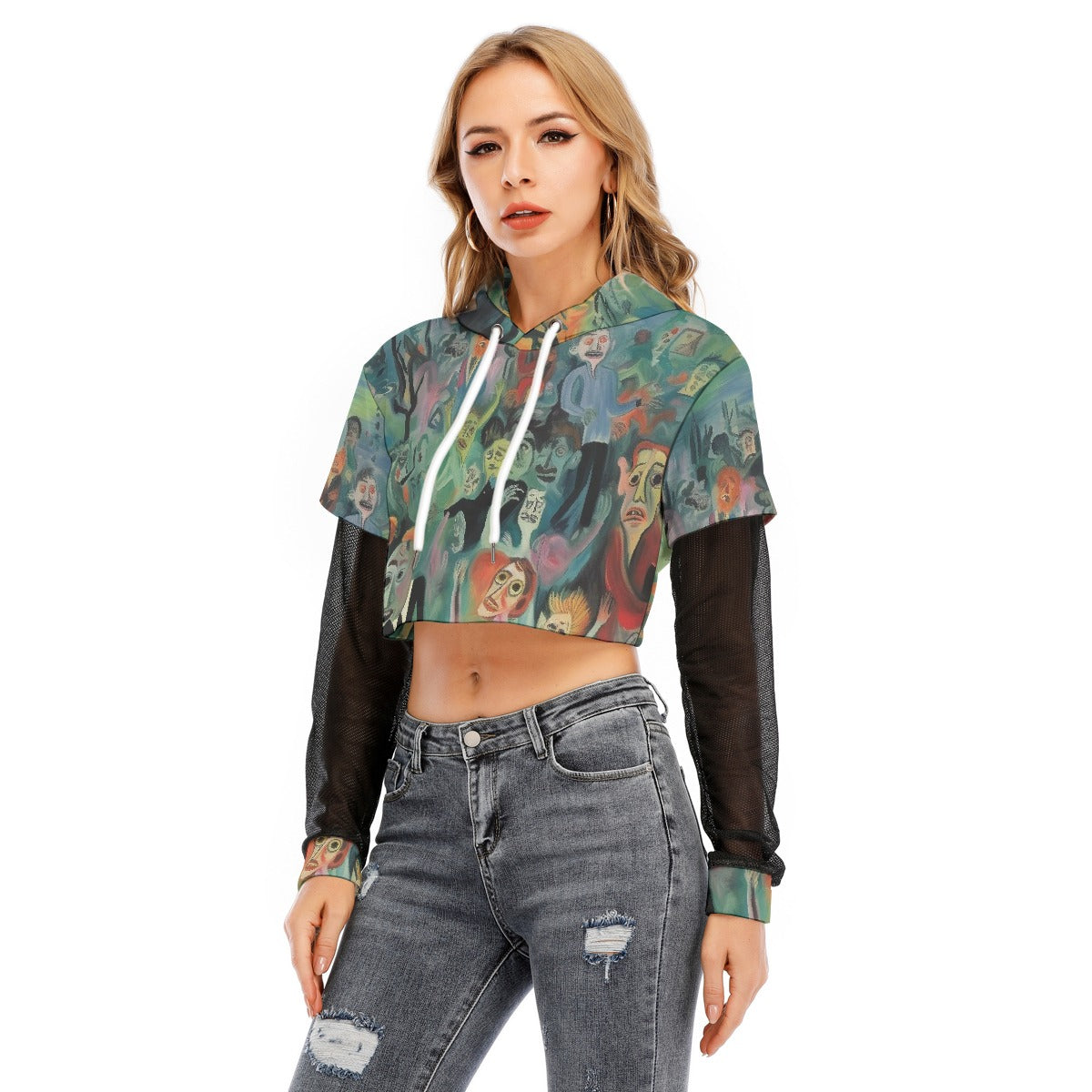 All-Over Print Women's Fake Two-piece Mesh Sleeve Cropped Hoodie
