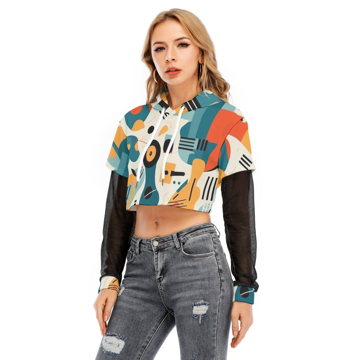 All-Over Print Women's Fake Two-piece Mesh Sleeve Cropped Hoodie