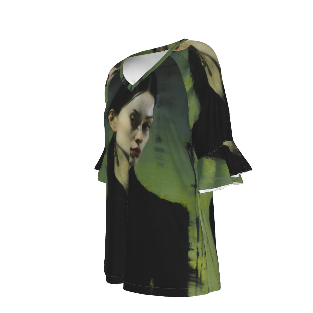 All-Over Print V-neck Women's T-shirt With Bell Sleeve