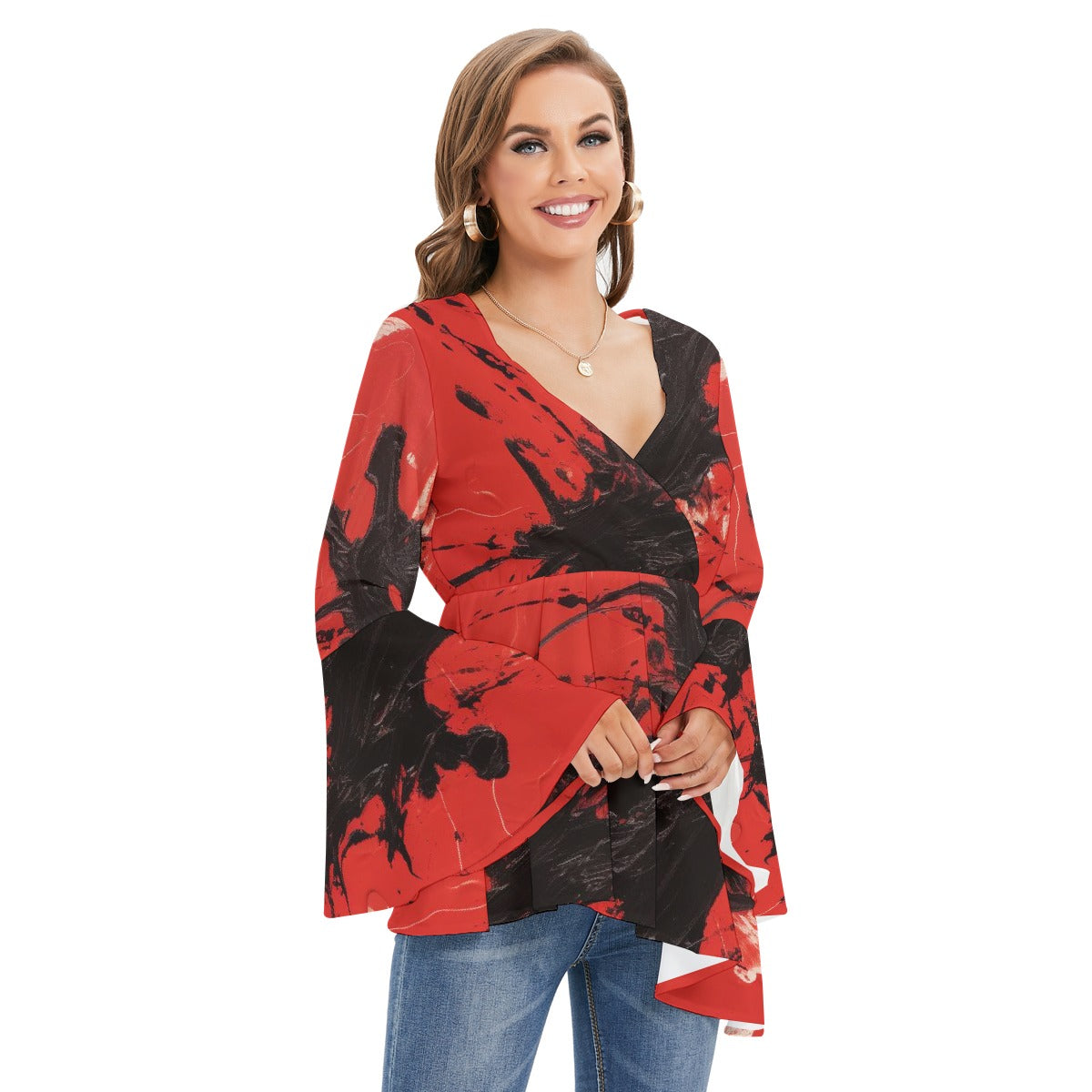 All-Over Print Women's V-neck Blouse With Flared Sleeves
